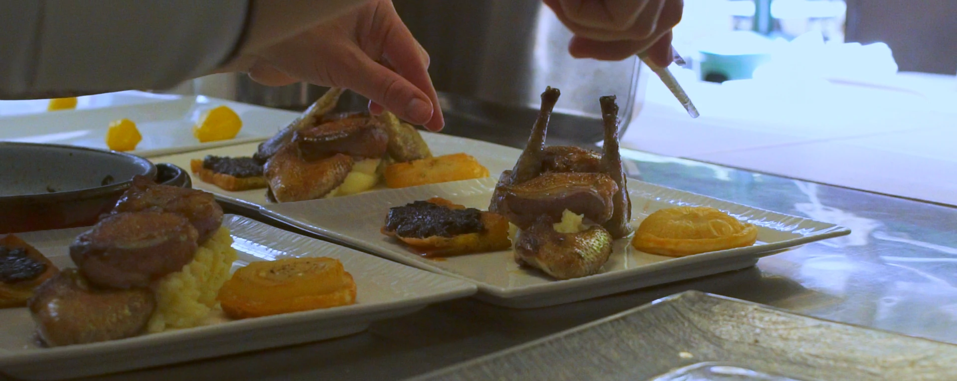 Confit duck with apricots, kitchen plating, Restaurant Philip