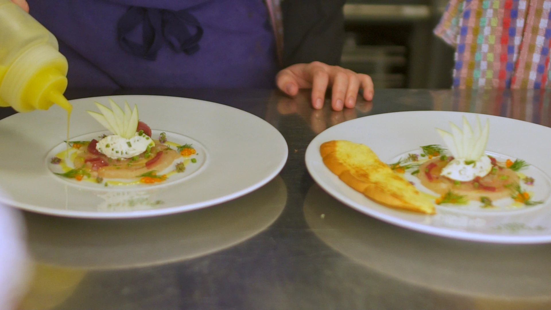 Petit Jarp trout, three ways, plating in kitchen, Restaurant Philip