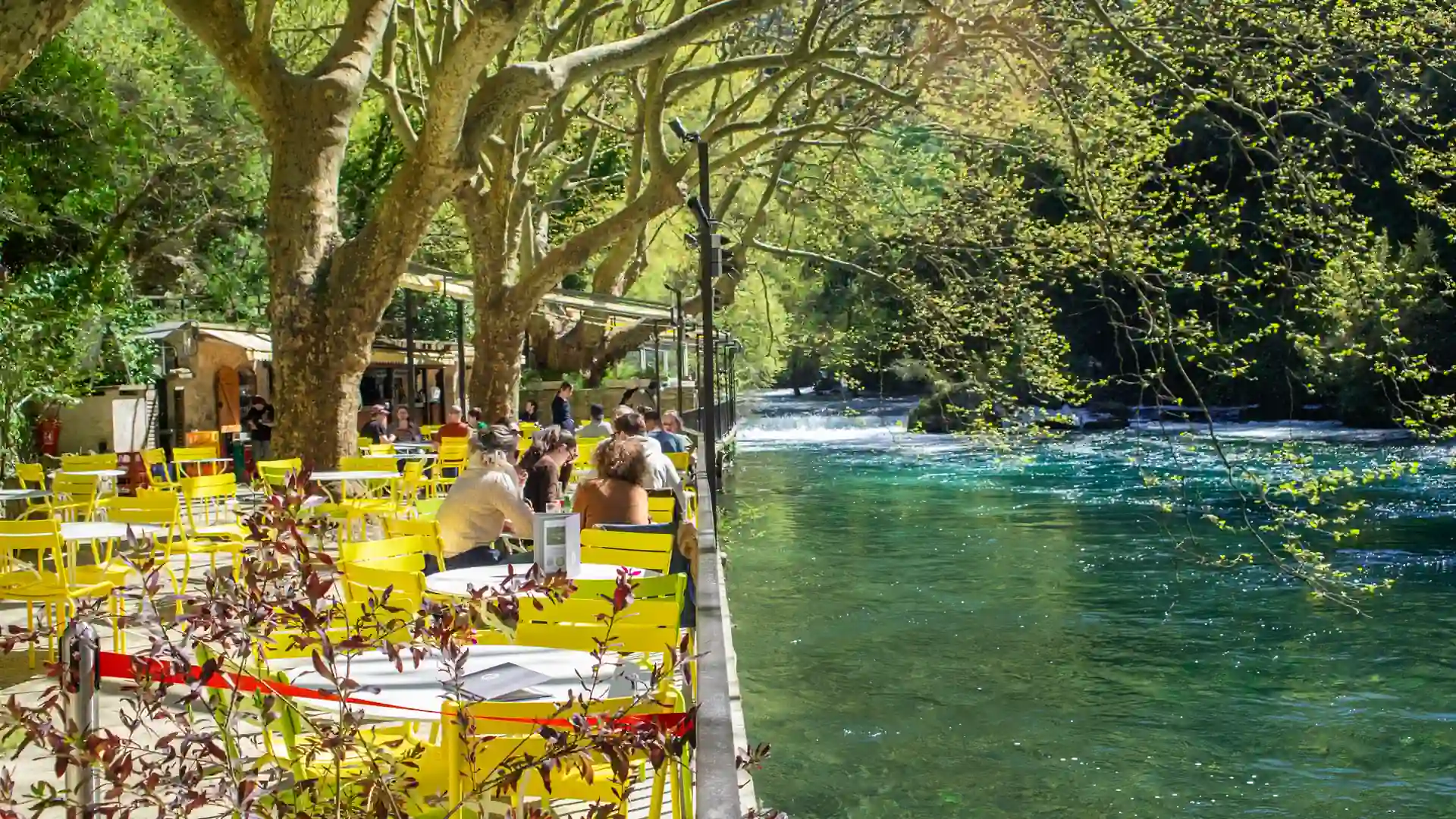 Panoramic terrace of Restaurant Philip under century-old plane trees by the Sorgue